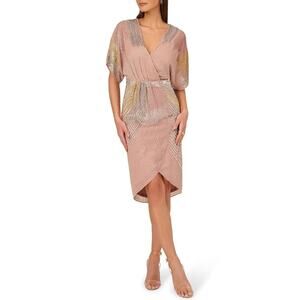 Adrianna Papell Beaded Faux Wrap Dress Dolman Sleeves Rose Gold Women’s Sz 2